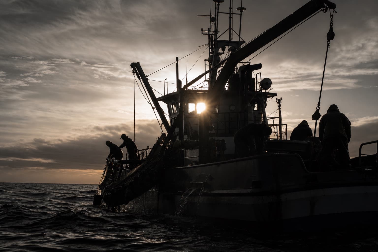 Fishing crew silhouetted against dawn light on a commercial vessel