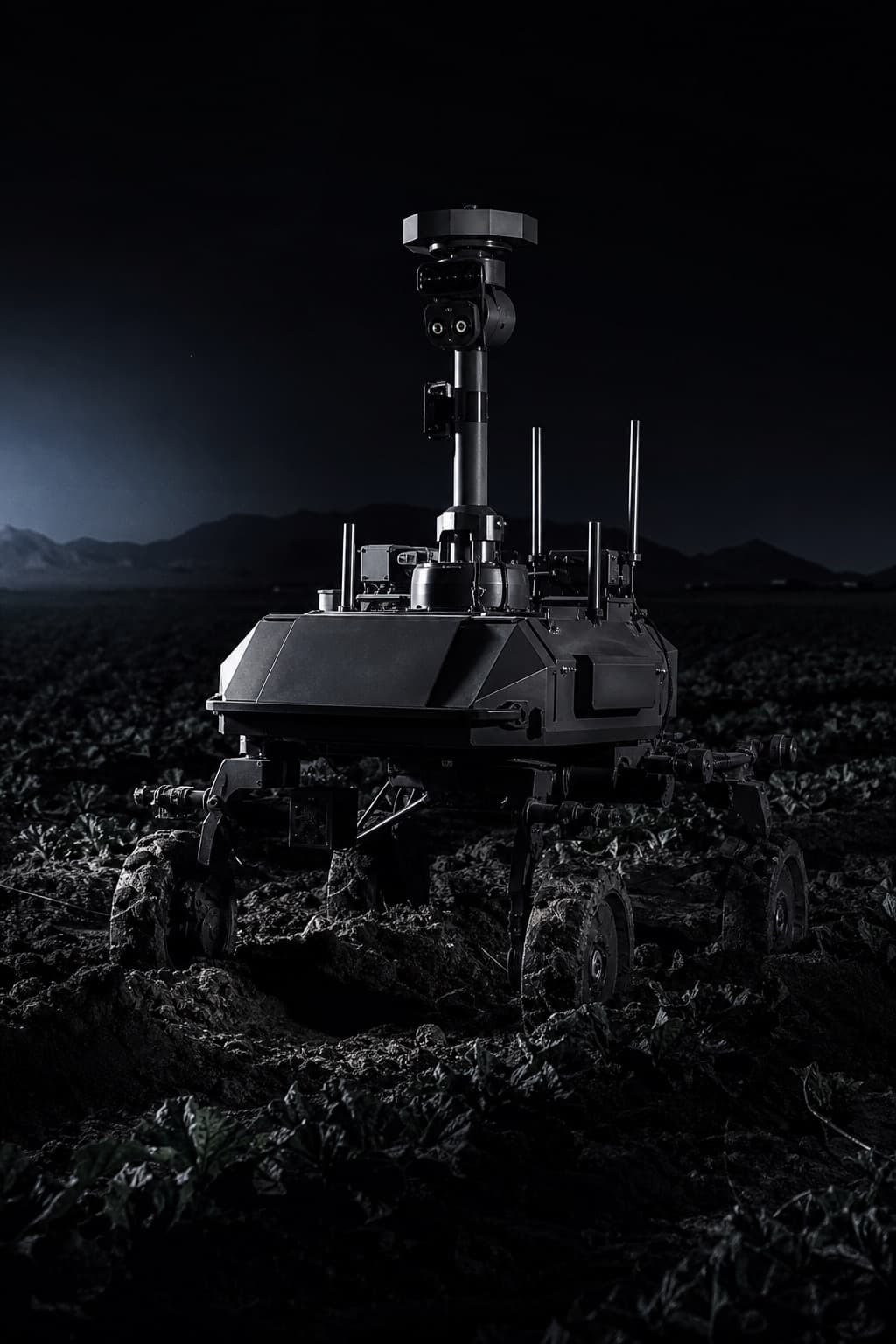 Autonomous agricultural rover rim-lit in a dark field