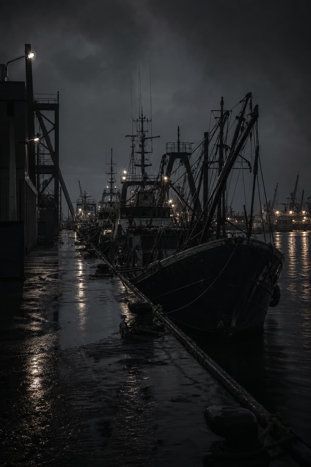 Fishing fleet tied up at an industrial wharf before dawn
