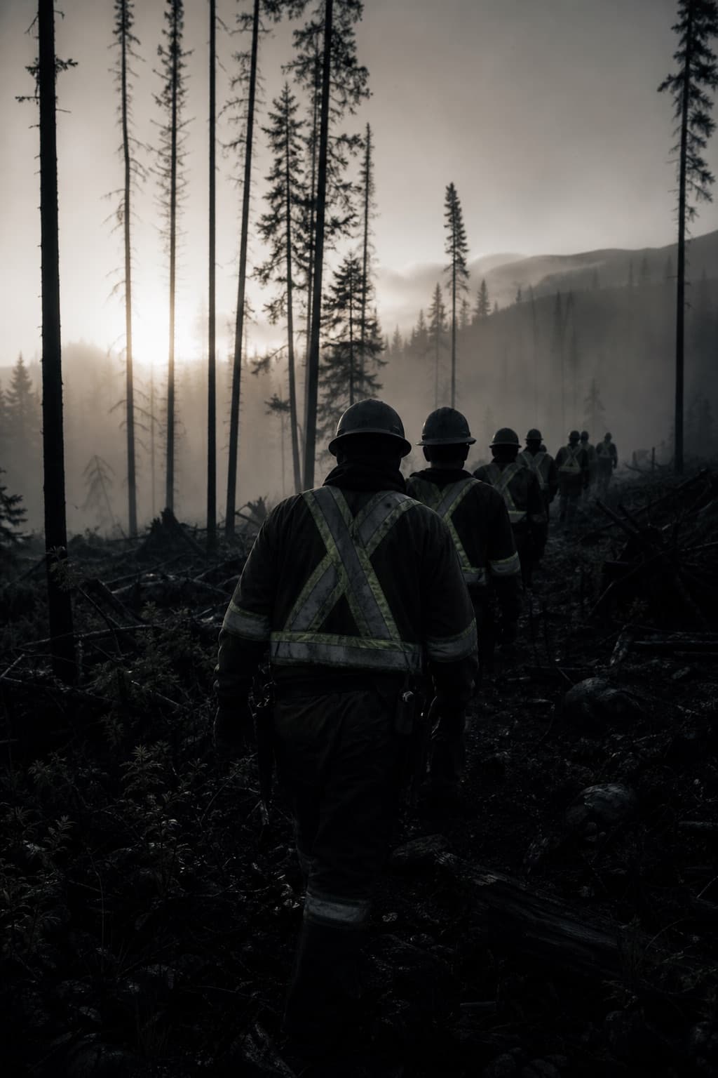 Forestry crew in hi-vis walking through dawn mist