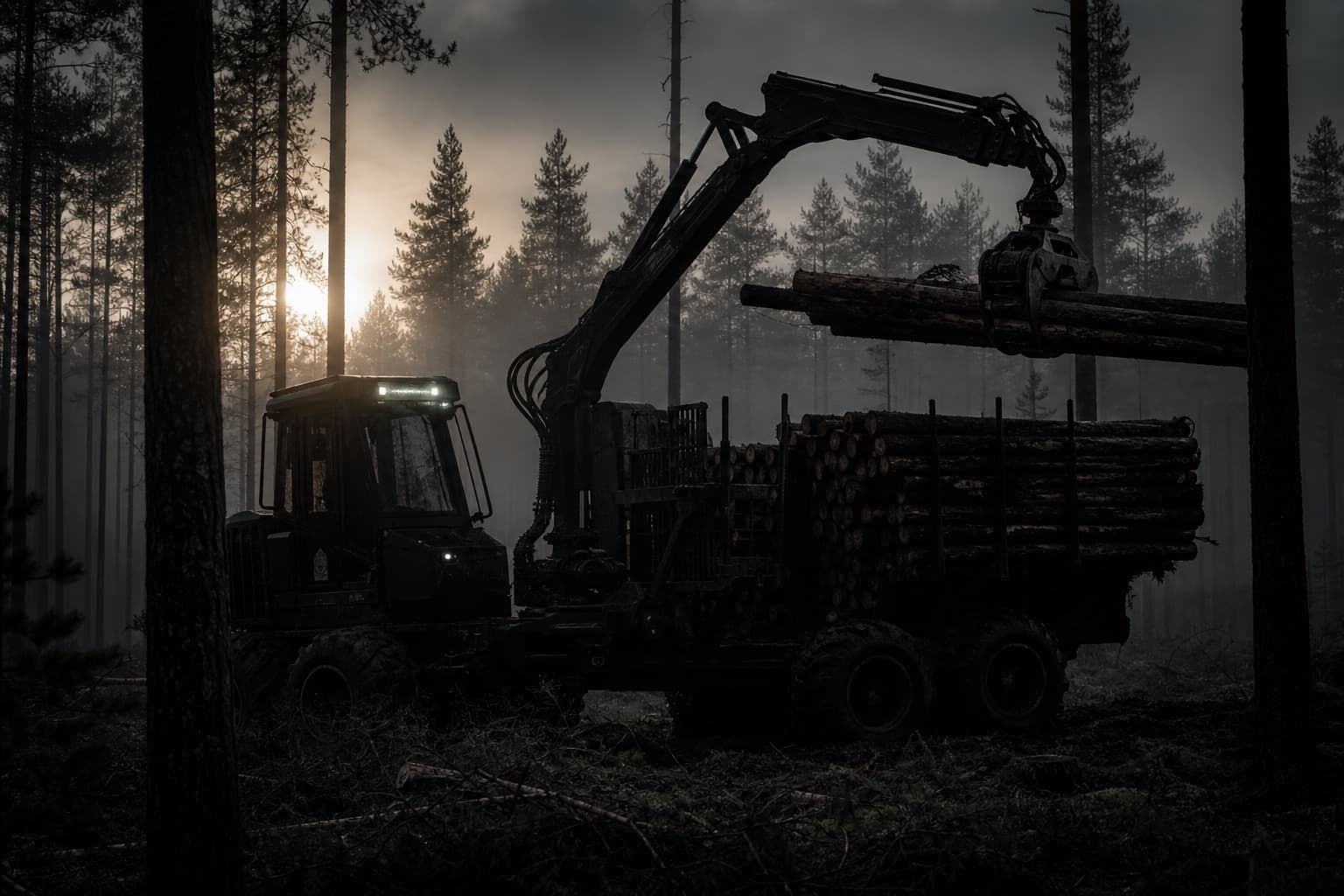 Forestry loader working in dawn mist
