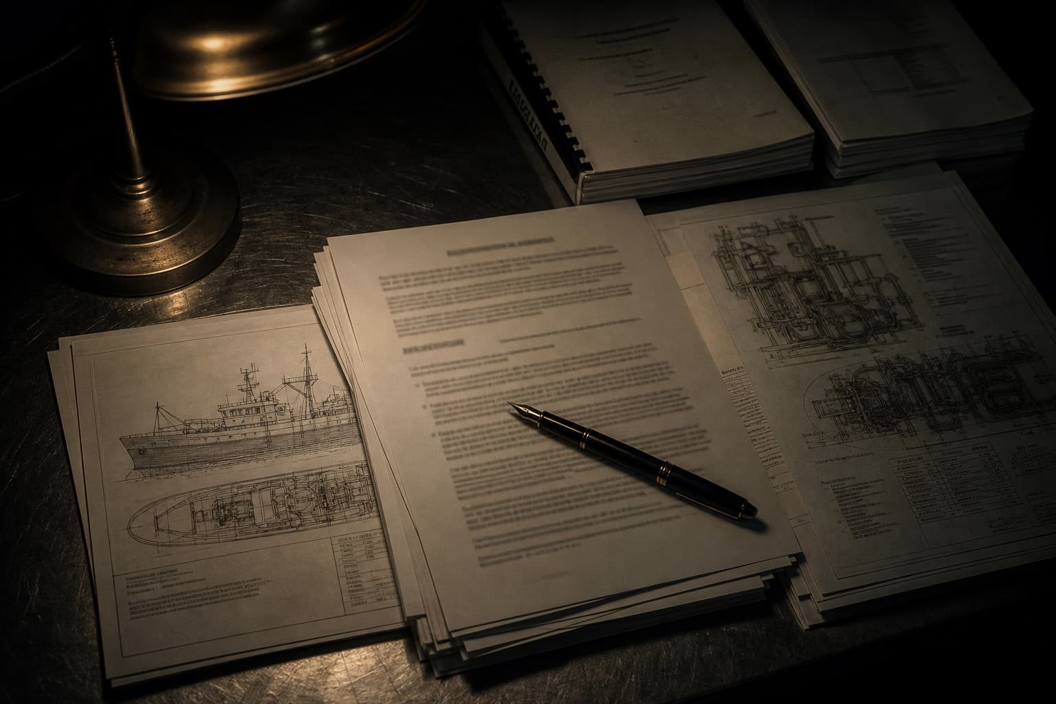 Contract documents and technical specification sheets on a steel table